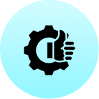 Gear with thumbs-up icon on blue background.