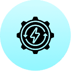 Gear with lightning bolt on blue circle.